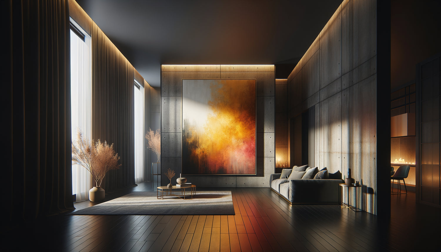 Appartement sombre orienté nord illuminé par tableau aux couleurs chaudes jaune doré, orange cuivré et rose corail