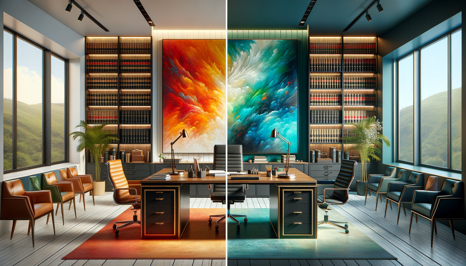 Comparaison cabinet juridique moderne avec tableau couleurs vives versus tons pastel, impact ambiance professionnelle