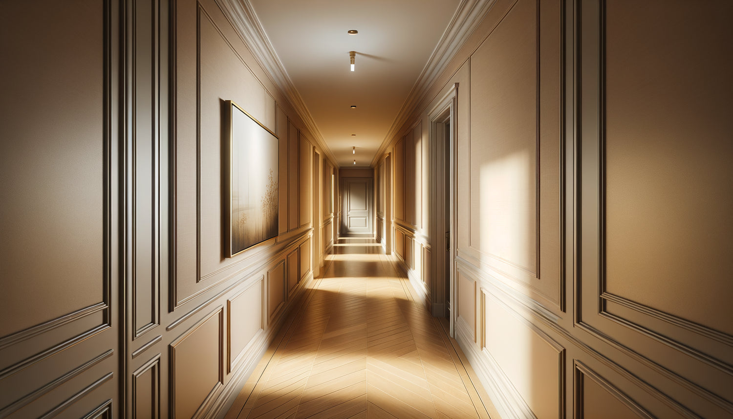 Couloir étroit moderne avec tableau de taille appropriée suspendu au mur, démonstration de proportions idéales pour espace restreint