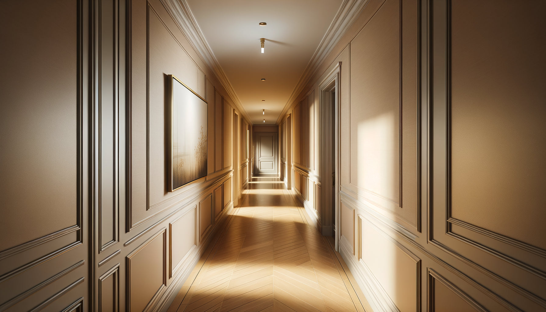 Couloir étroit moderne avec tableau de taille appropriée suspendu au mur, démonstration de proportions idéales pour espace restreint