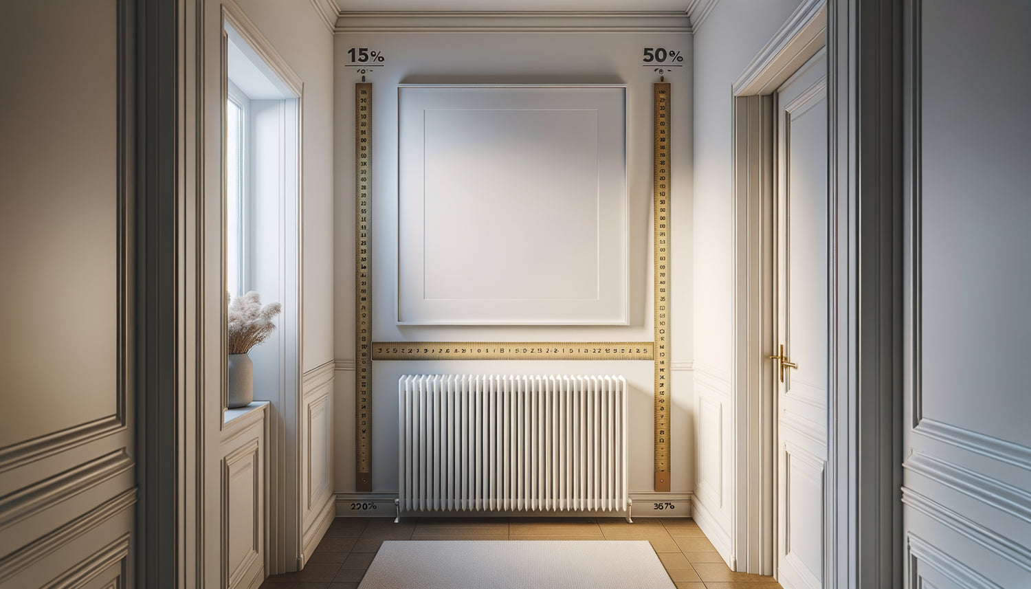 Tableau accroché au-dessus d'un radiateur mural dans un couloir avec distance de sécurité visible