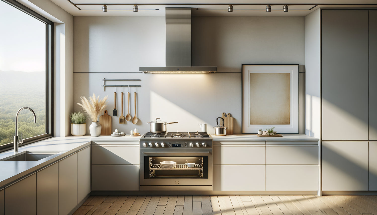 Tableau encadré positionné à distance sécuritaire d'une cuisinière moderne dans une cuisine contemporaine