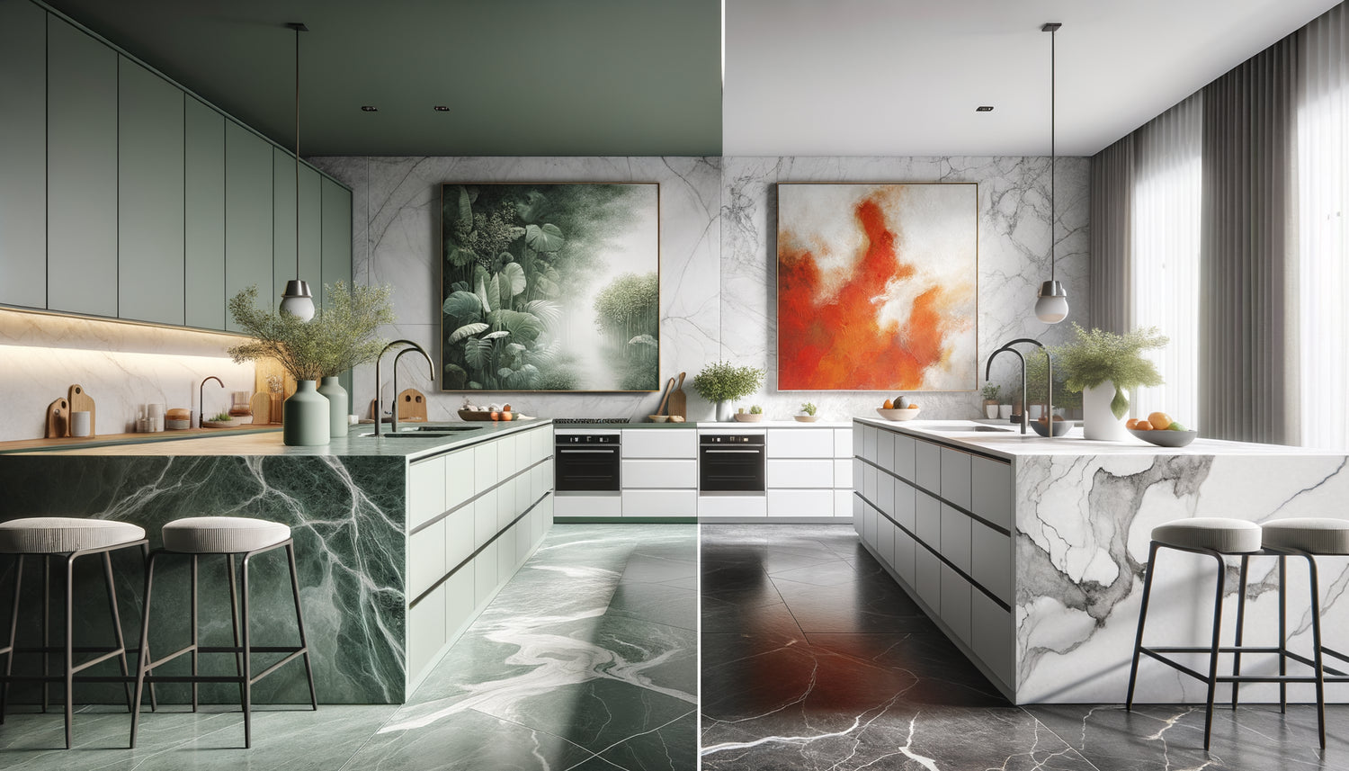Cuisine moderne montrant deux approches décoratives : harmonie chromatique tableau-plan de travail versus contraste audacieux coloré