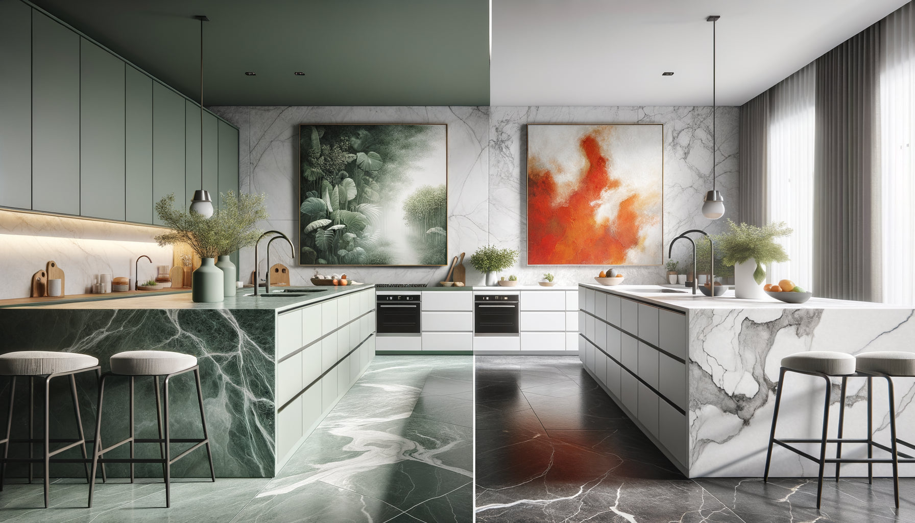 Cuisine moderne montrant deux approches décoratives : harmonie chromatique tableau-plan de travail versus contraste audacieux coloré