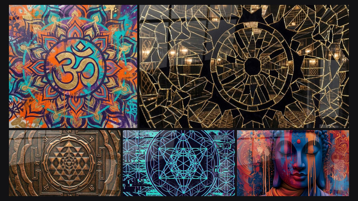 Mosaico de cinco cuadros, entre ellos Sri Yantra de Cobre Geometría Sagrada y Geometría Sagrada Turquesa y Violeta