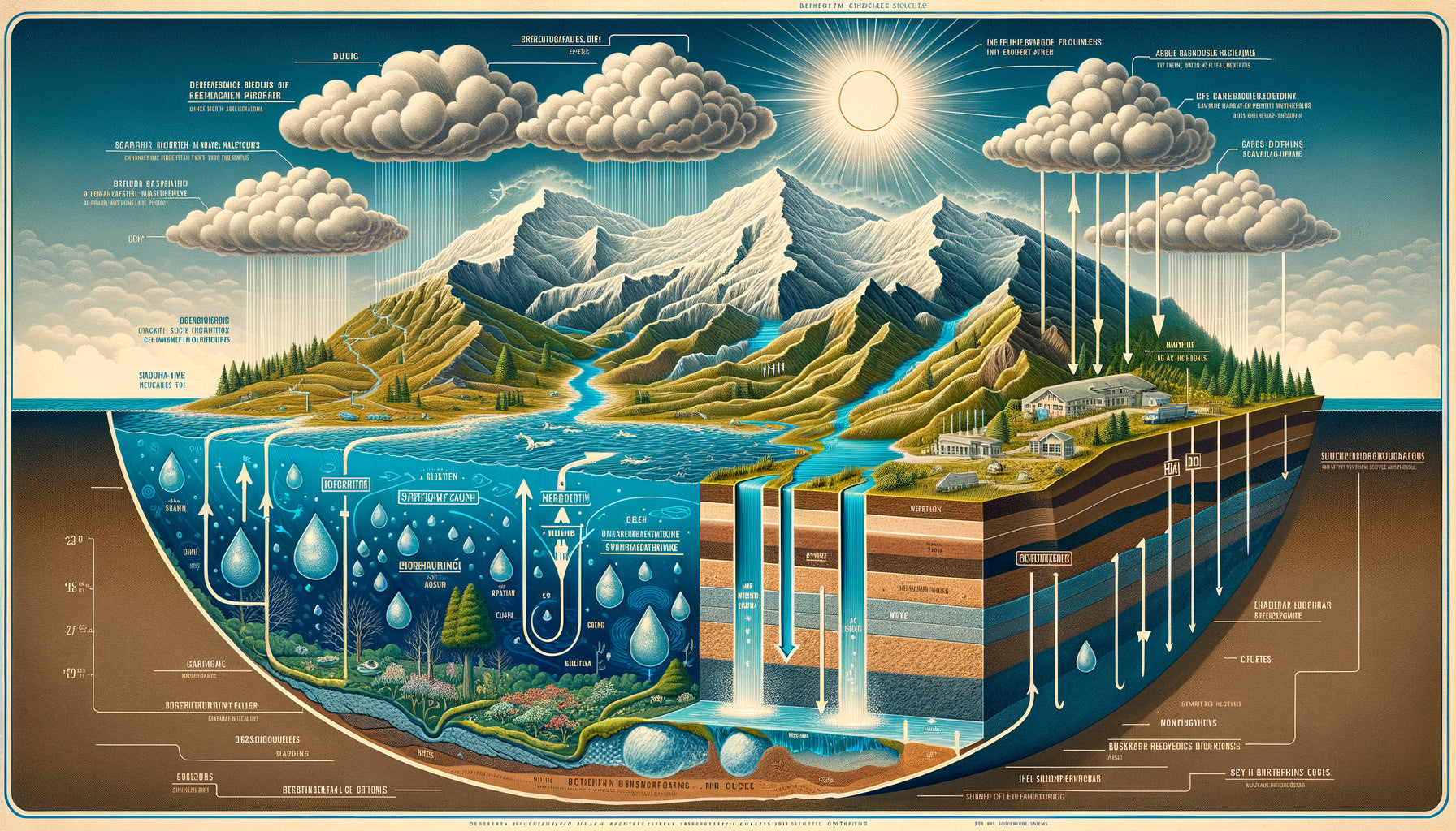 Illustration scientifique pédagogique détaillée du cycle de l'eau montrant évaporation, précipitations et infiltration en coupe transversale