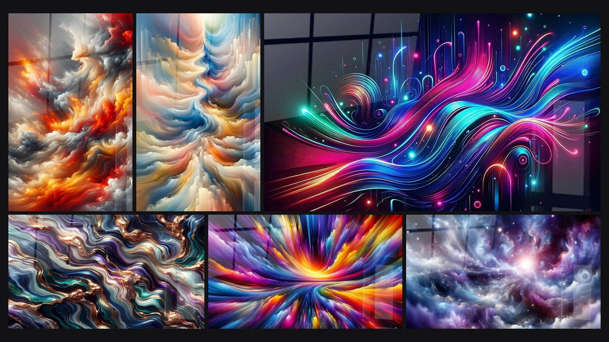 Mosaic of six paintings, including Ardent Breath of the Firmament, Serenade Mineral Abstract and Resonance of Celestial Hues