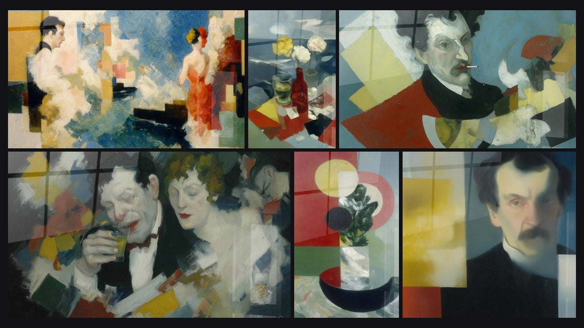 Mosaic of six paintings, including Couple Close Distance, Intoxicated Couple Angles and Portrait Fragmented Spirit