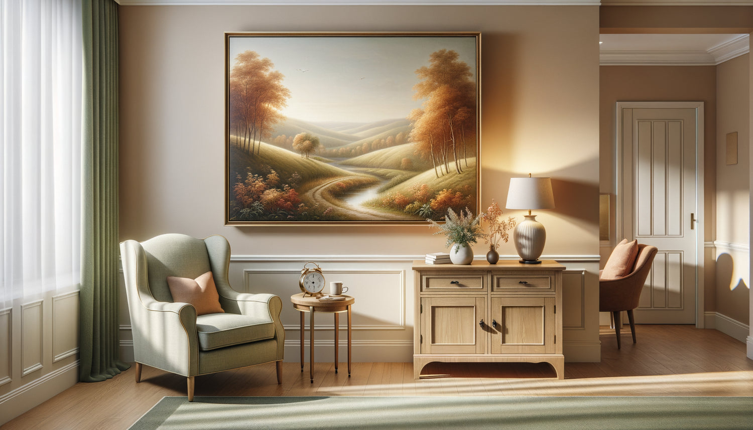 Tableau paysage champêtre aux tons chaleureux accroché dans espace commun de résidence seniors, ambiance apaisante