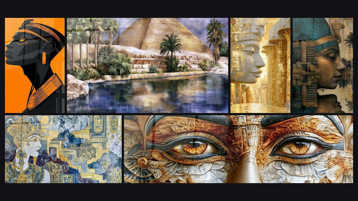 Mosaic of six paintings, including African Woman Goddess of Bronze