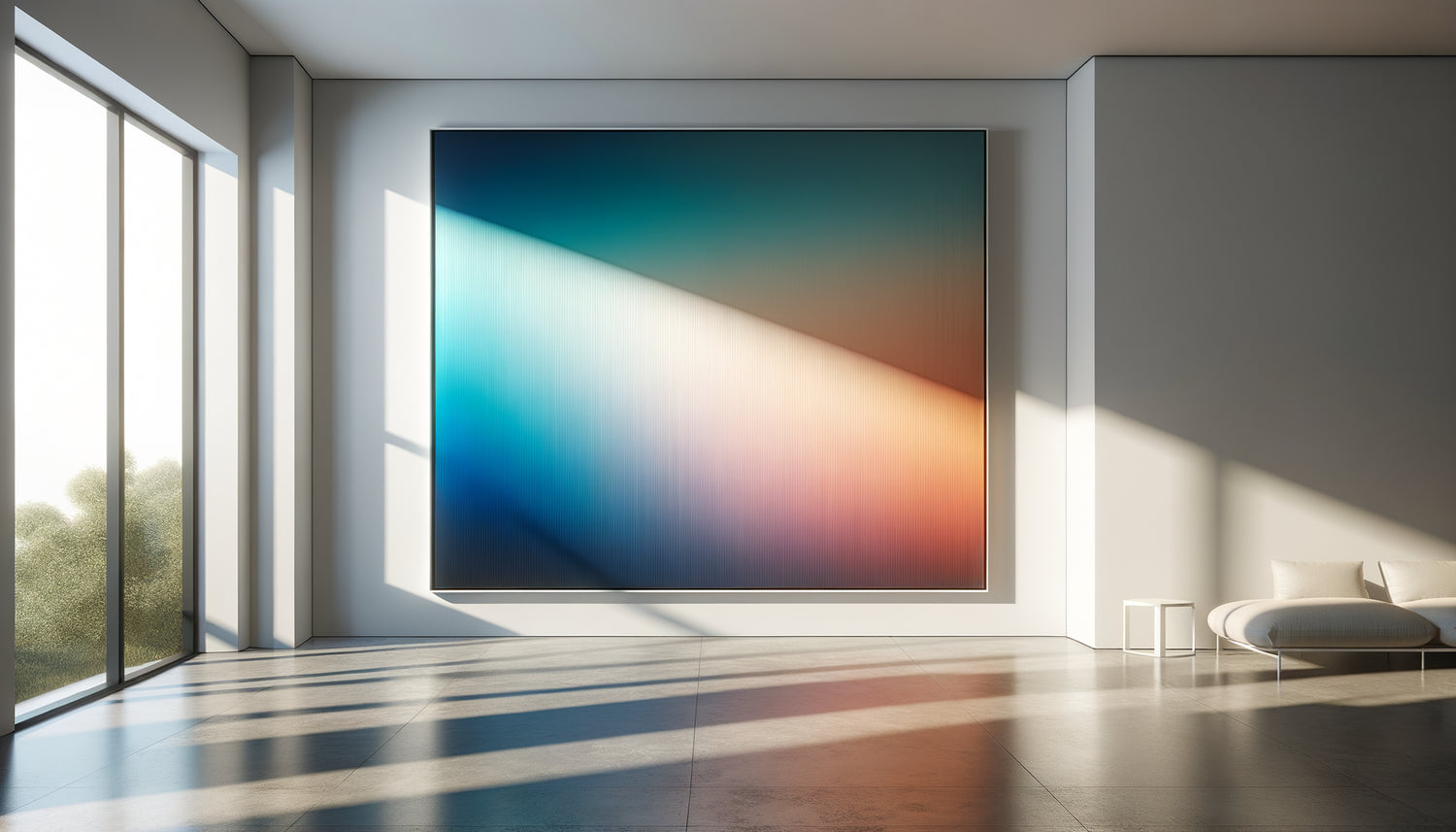 Tableau contemporain aux dégradés chromatiques bleu-orange transformant la lumière naturelle d'un intérieur minimaliste moderne