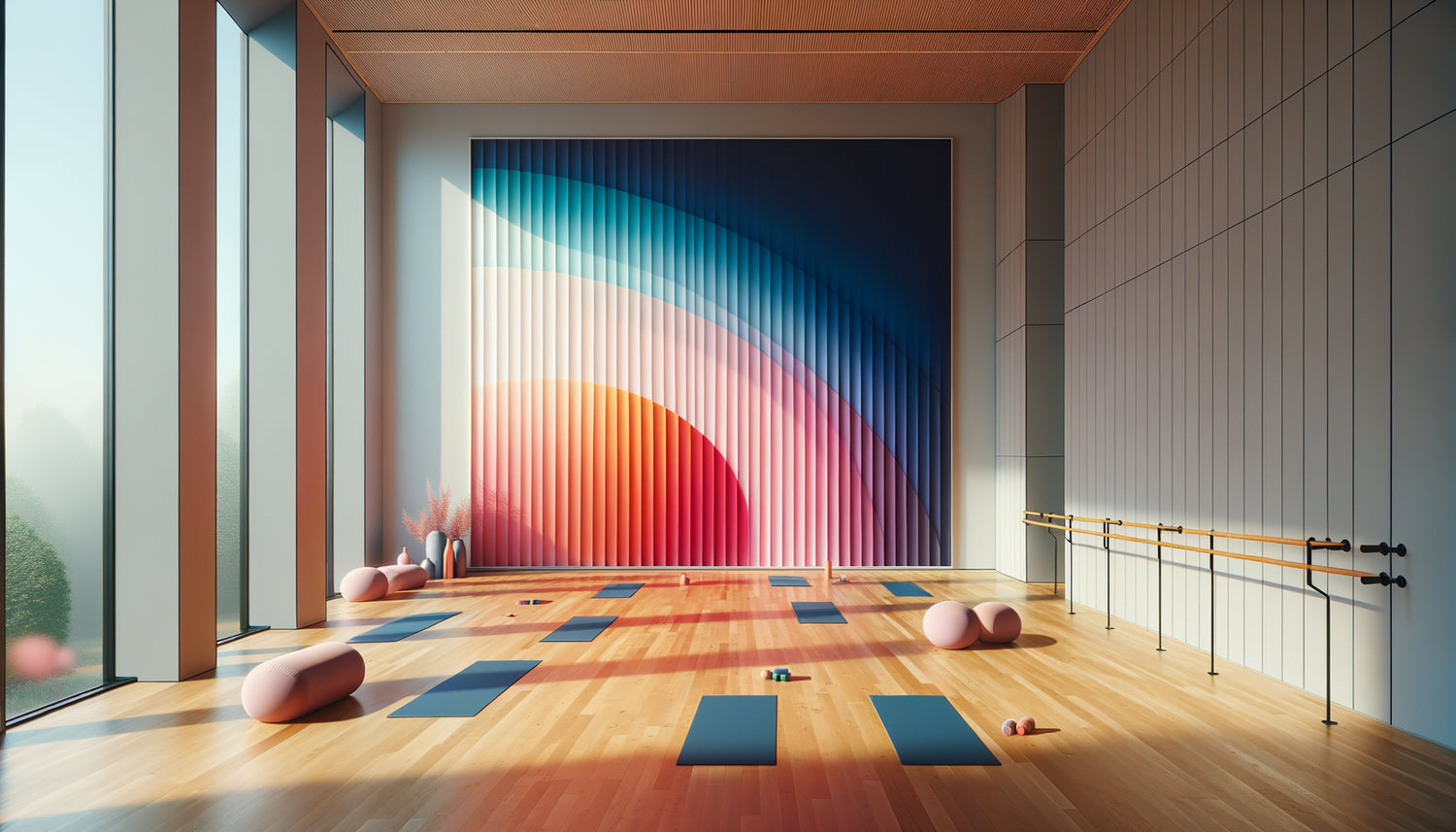 Studio multi-disciplines moderne avec grand tableau aux dégradés de couleurs unifiant l'espace yoga, danse et méditation