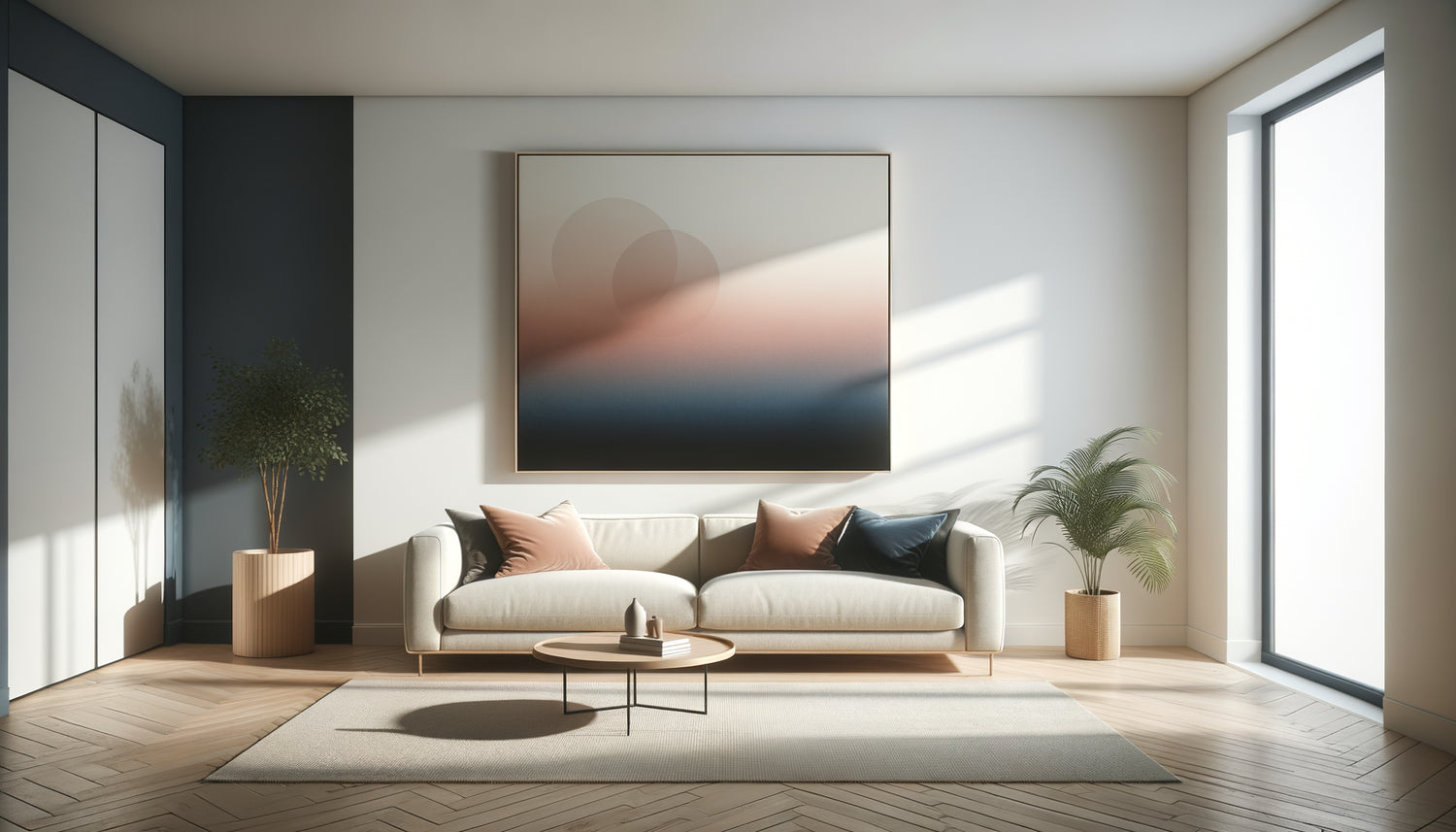 Tableau dégradé ombré bleu-rose créant du mouvement visuel dans un salon Airbnb minimaliste contemporain