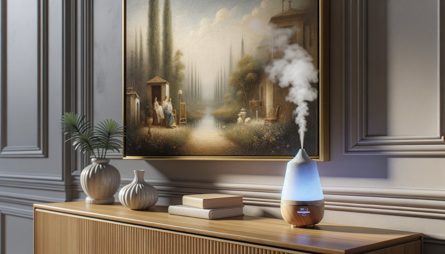 Tableau encadré sur un mur près d'un diffuseur d'huiles essentielles émettant de la vapeur dans un intérieur contemporain