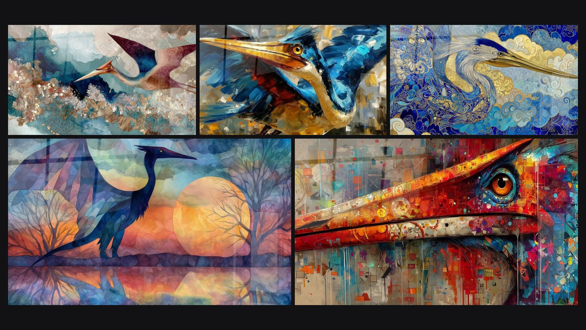 Mosaic of five paintings, including Abstract Marine Bird, Kingfisher and Ornamental Heron