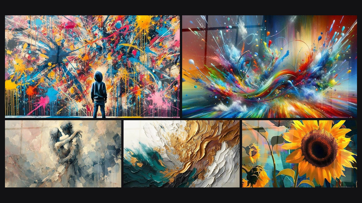 Mosaic of five paintings, including Paint Bursts, Between Us and Trace Artwork in Gold and Jade