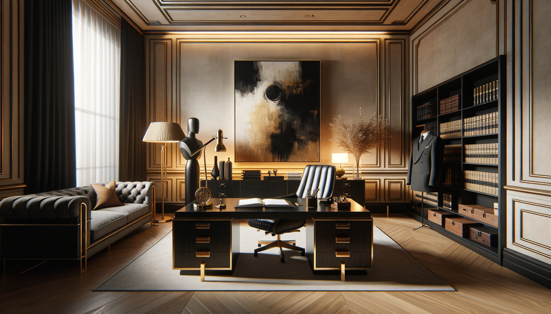 Bureau de notaire contemporain avec grand tableau abstrait à dominante noire créant sophistication et autorité professionnelle