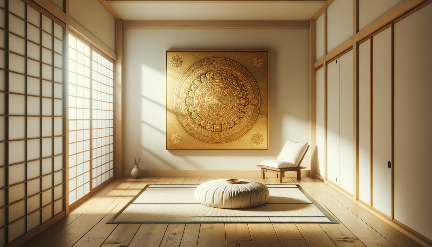 Espace de méditation minimaliste avec mandala doré traditionnel, équilibre entre authenticité spirituelle et éclat sacré