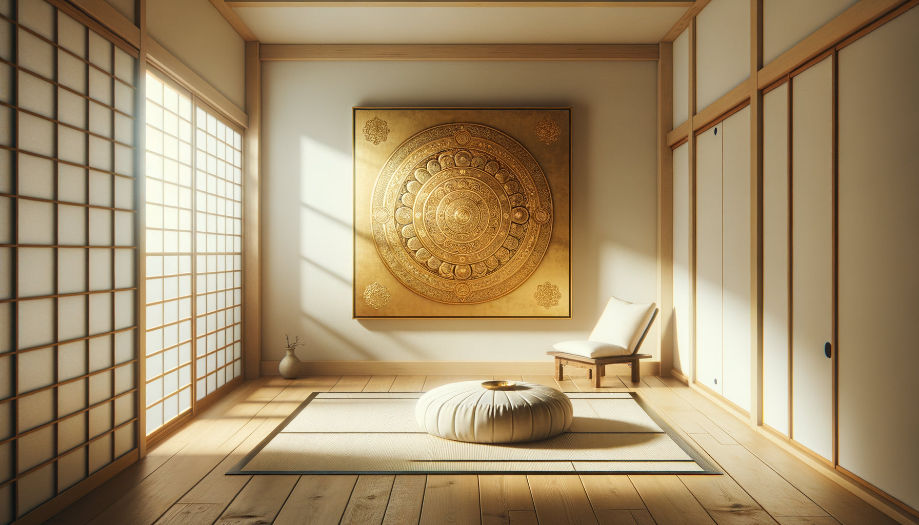 Espace de méditation minimaliste avec mandala doré traditionnel, équilibre entre authenticité spirituelle et éclat sacré