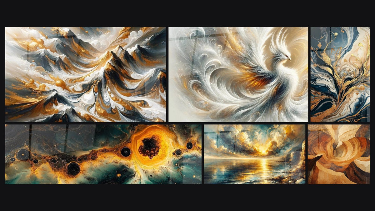 Mosaïque de six tableaux, dont Crêtes Dorées, Éruption Stellaire Dorée et Crépuscule Doré
