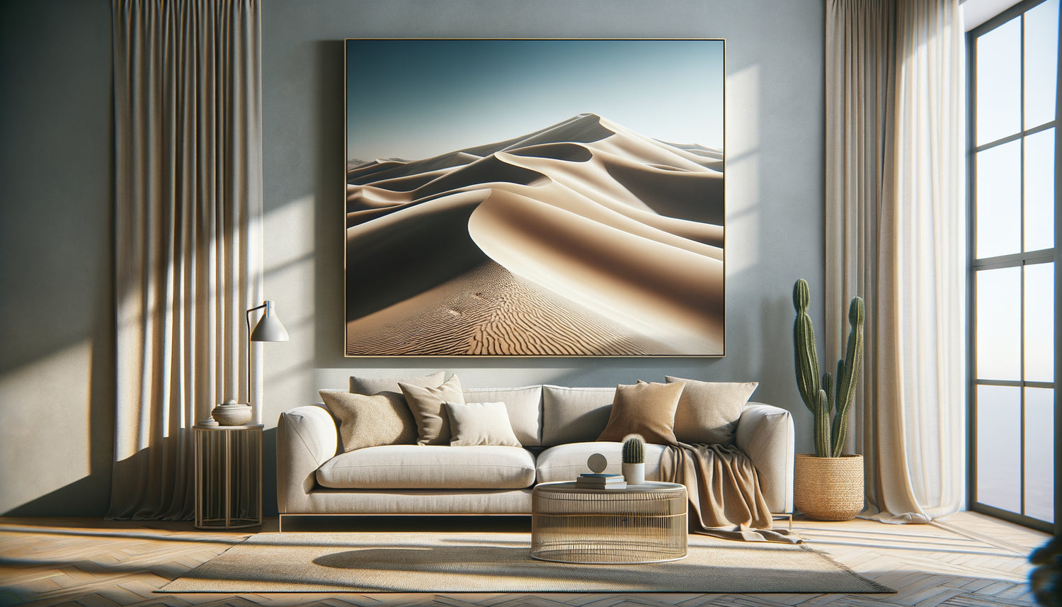 Tableau minimaliste de dunes de sable au-dessus d'un canapé dans un salon Airbnb contemporain aux tons naturels
