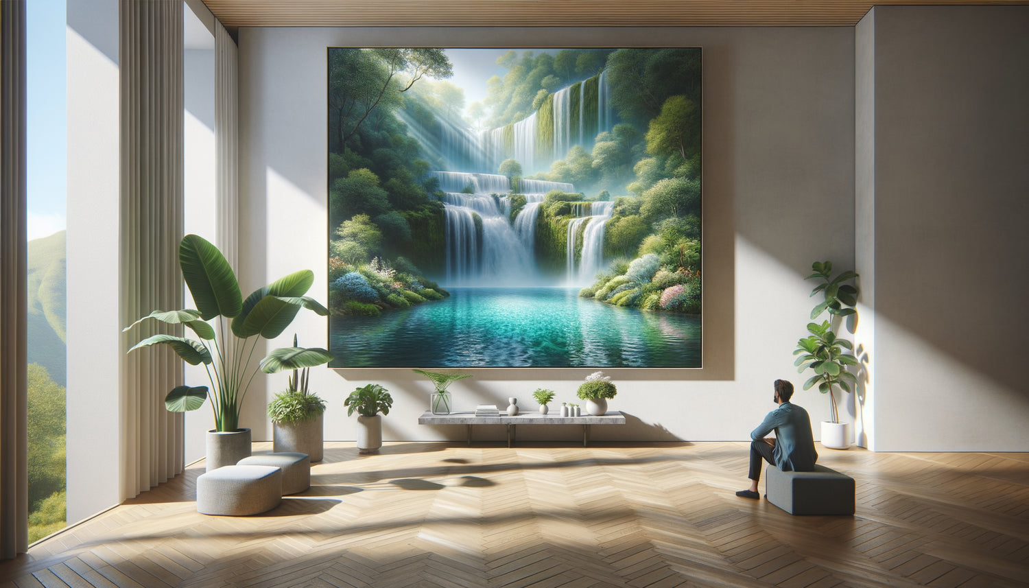 Tableau thérapeutique représentant cascade et lac dans espace bien-être apaisant avec personne contemplant l'œuvre
