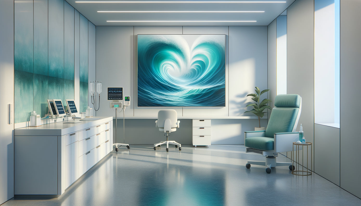 Tableau apaisant représentant l'eau dans un service de cardiologie moderne, ambiance thérapeutique contemporaine