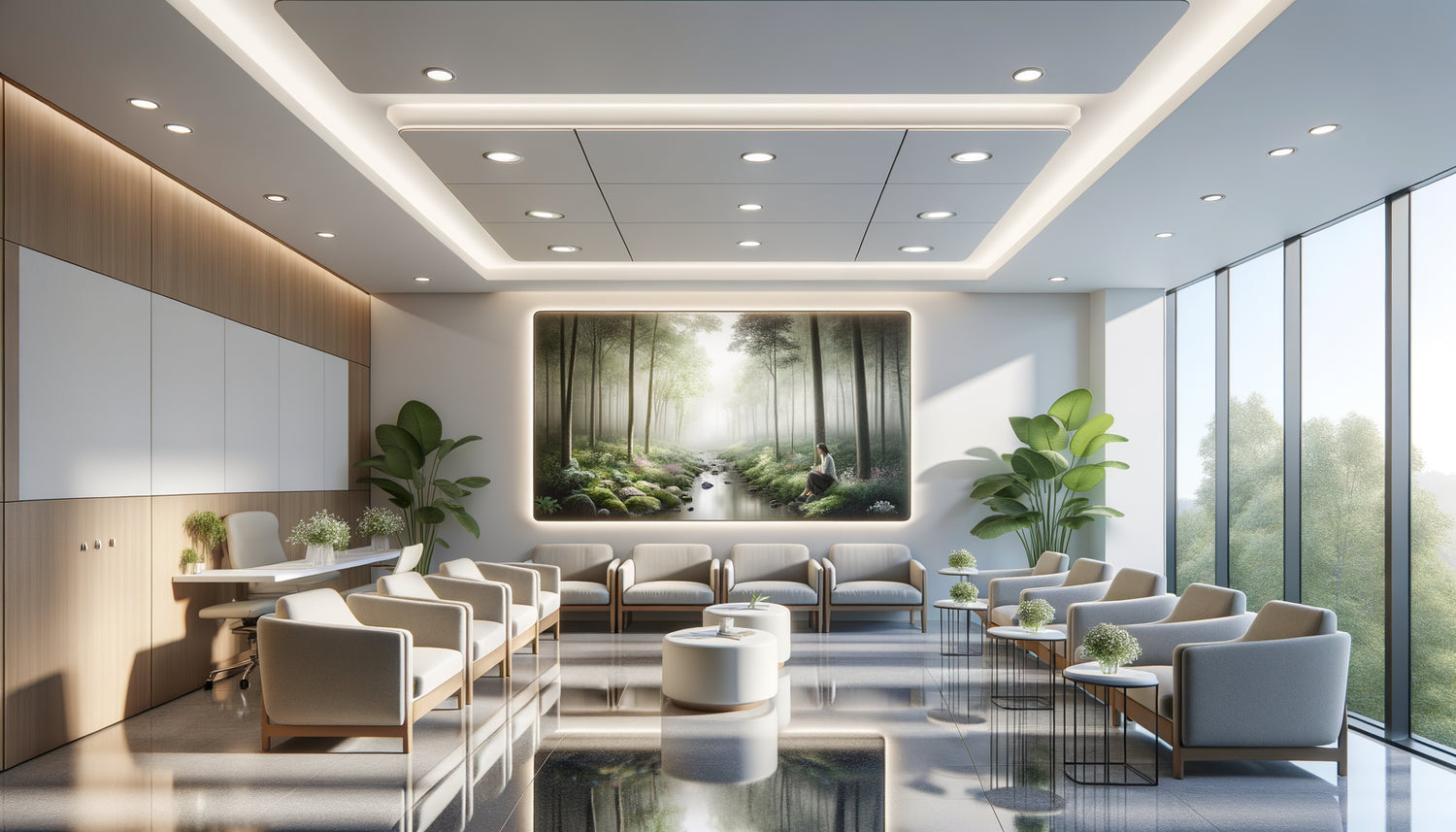 Tableau lumineux avec éclairage LED intégré dans une salle d'attente médicale moderne et apaisante