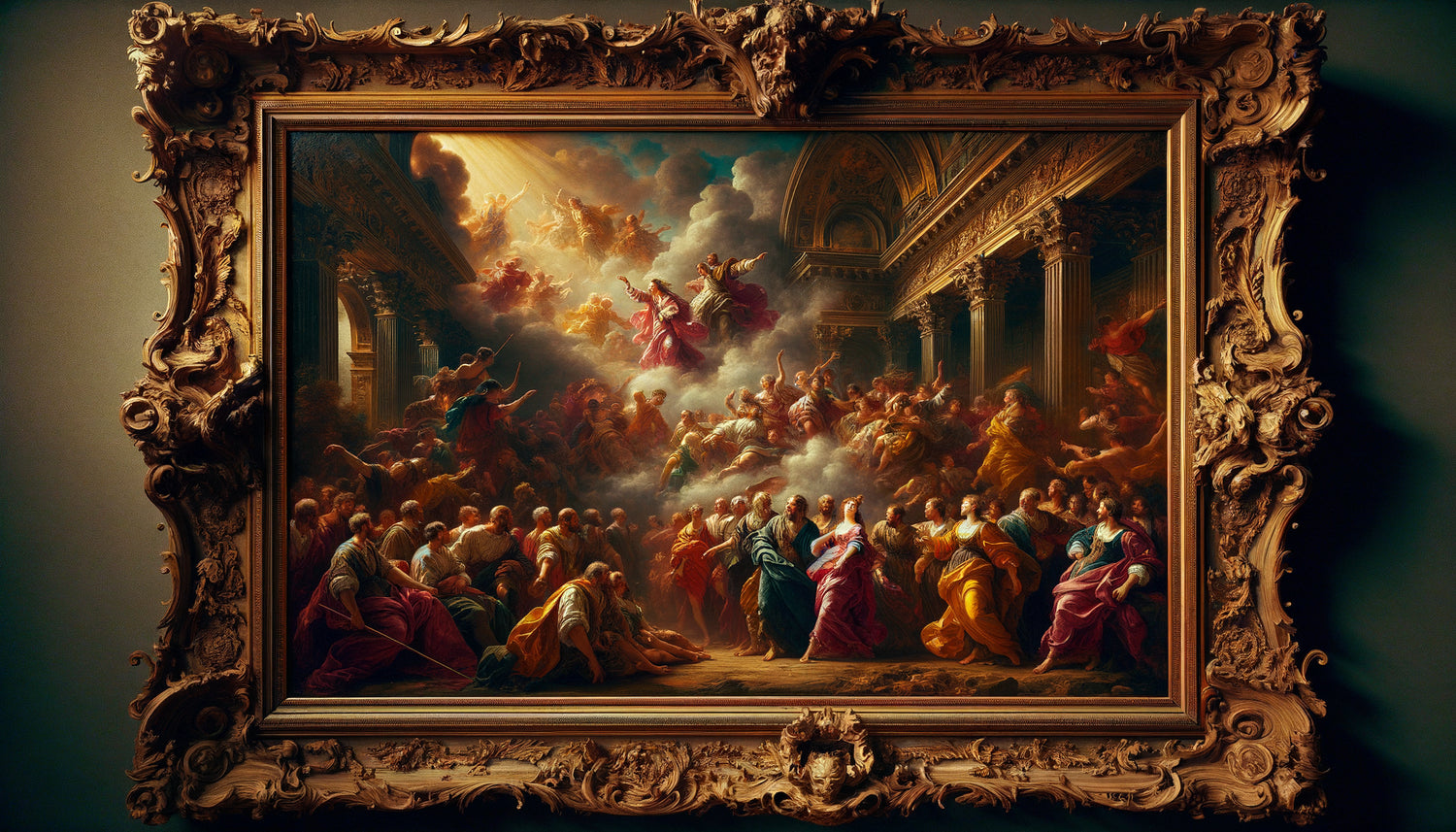 Tableau historique de l'école française du XVIIe siècle, style baroque classique, cadre doré d'époque, peinture à l'huile Grand Siècle