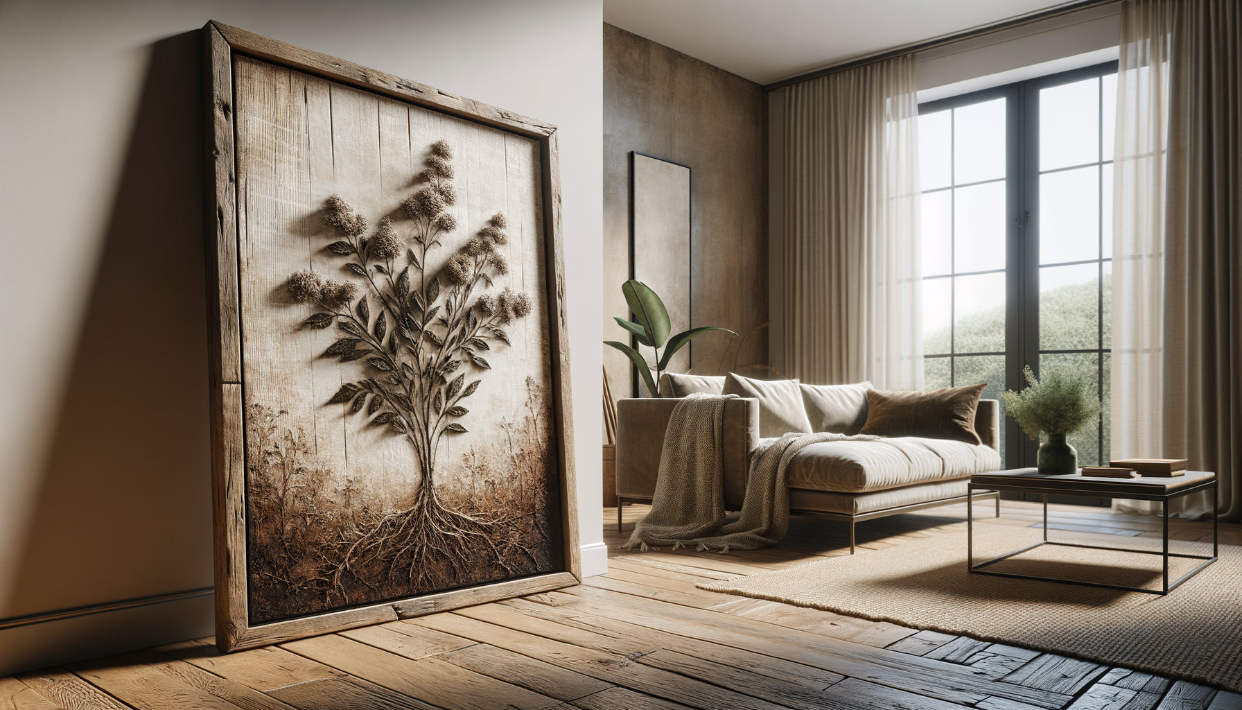 Tableau écologique en matériaux durables avec encres végétales dans un Airbnb green, cadre en bois recyclé