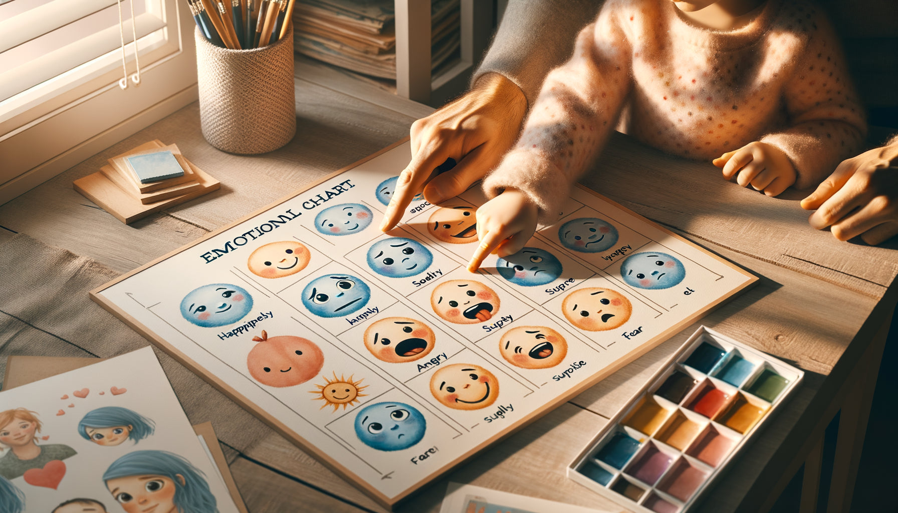 Tableau éducatif sur les émotions avec illustrations douces, enfant et parent identifiant ensemble les ressentis