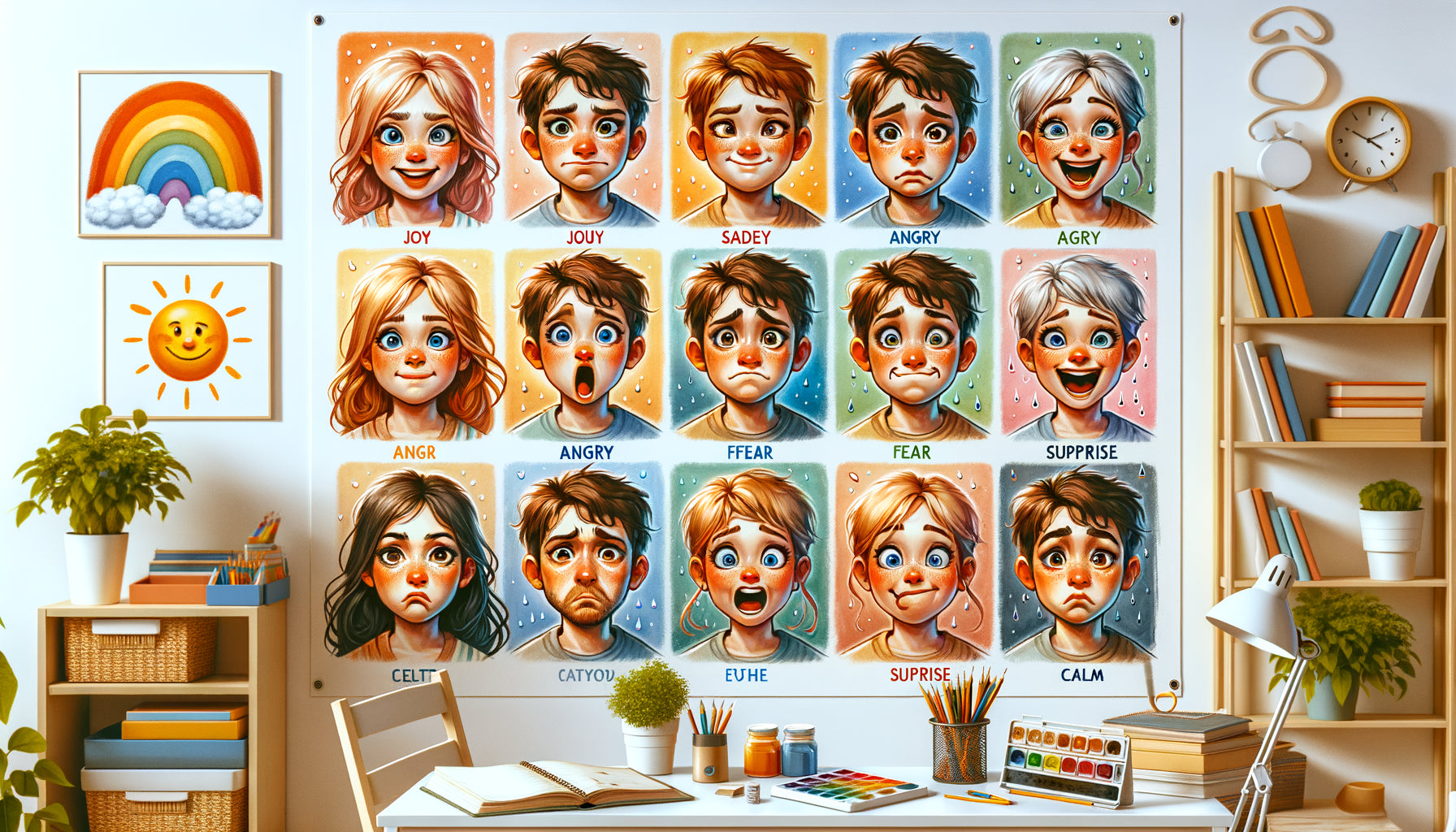 Tableau éducatif contemporain présentant différentes expressions faciales illustrant diverses émotions pour l'apprentissage de l'intelligence émotionnelle