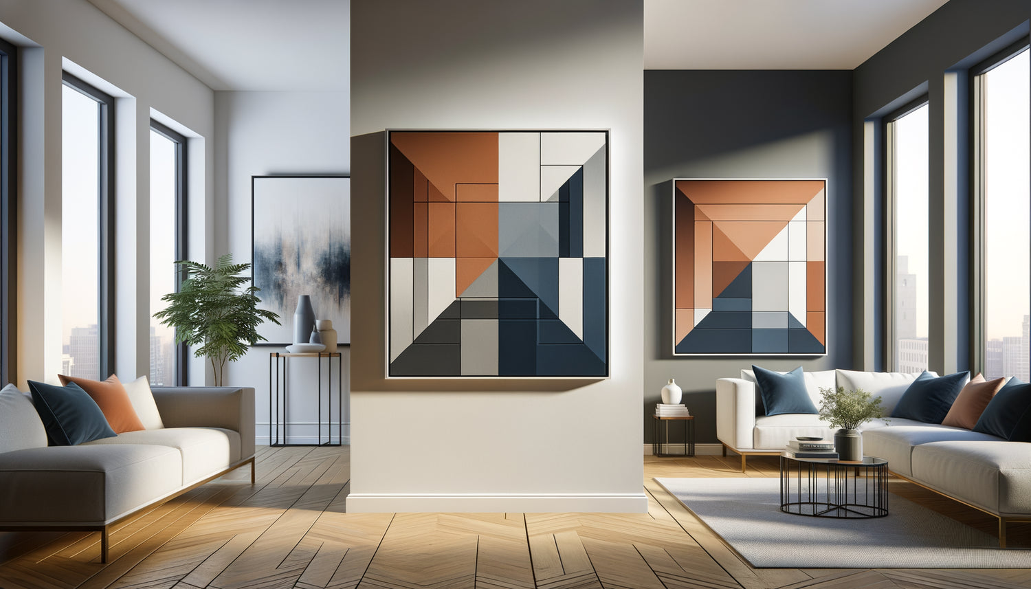 Comparaison tableau encadré et toile sur châssis dans intérieur contemporain professionnel