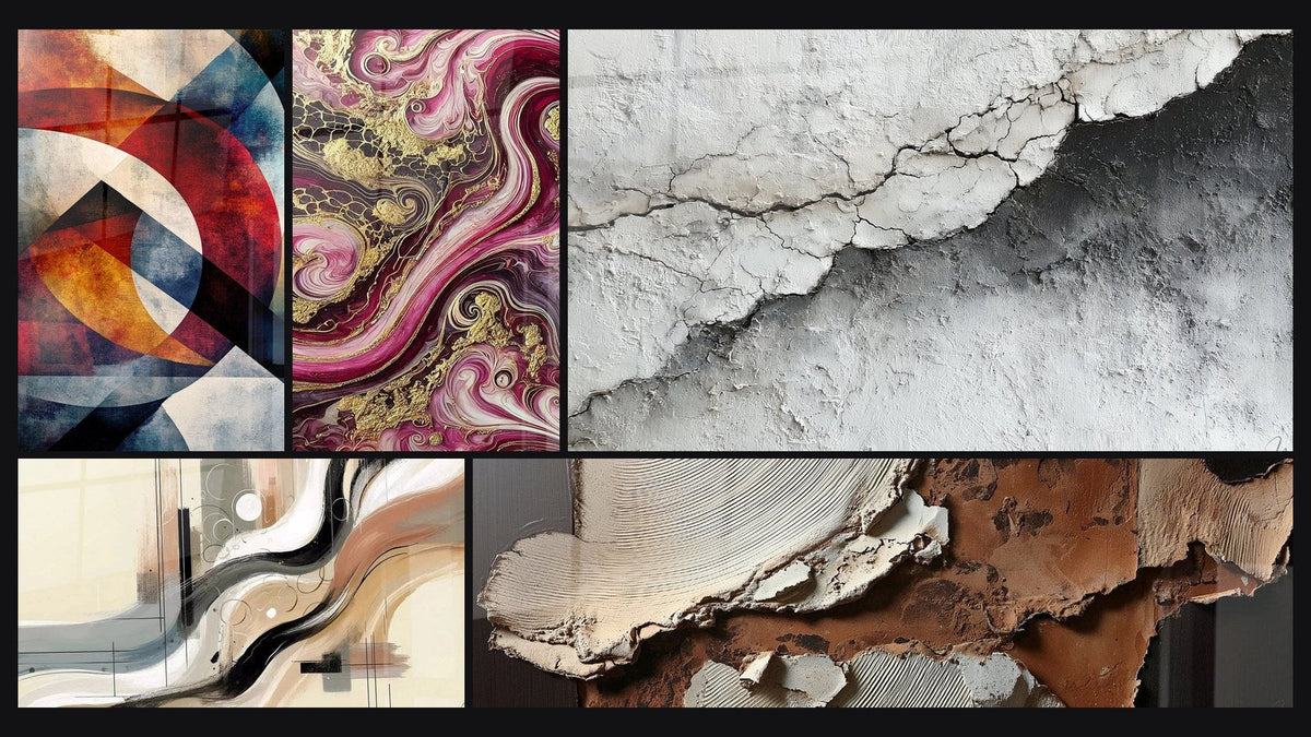 Mosaik aus fünf Gemälden, darunter Mit geometrischen Kreisformen, Sillage Abstrakt und Purpurflammen