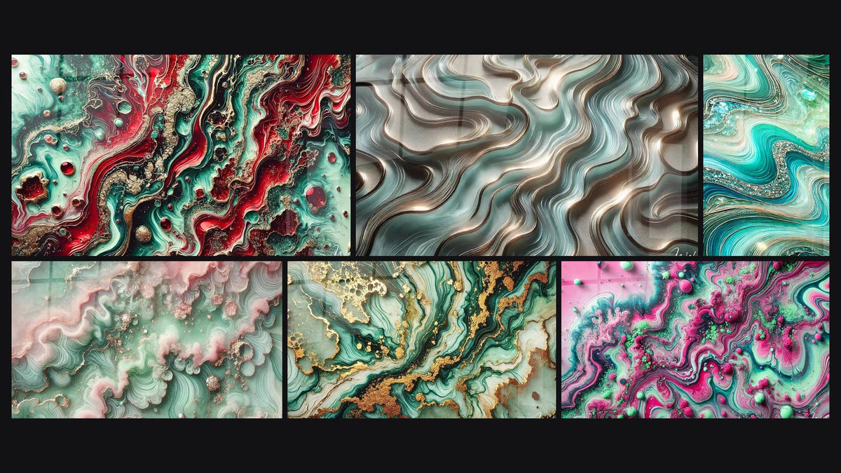 Mosaik aus sechs Gemälden, darunter Fusion Smaragd, Smaragd-Nebel und Mystische Marmorierungen