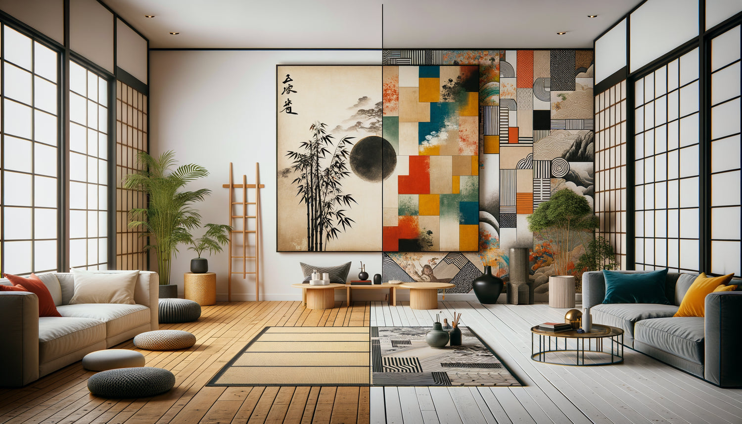 Comparaison visuelle entre intérieur minimaliste japonais épuré et style contemporain occidental dynamique avec tableaux contrastés
