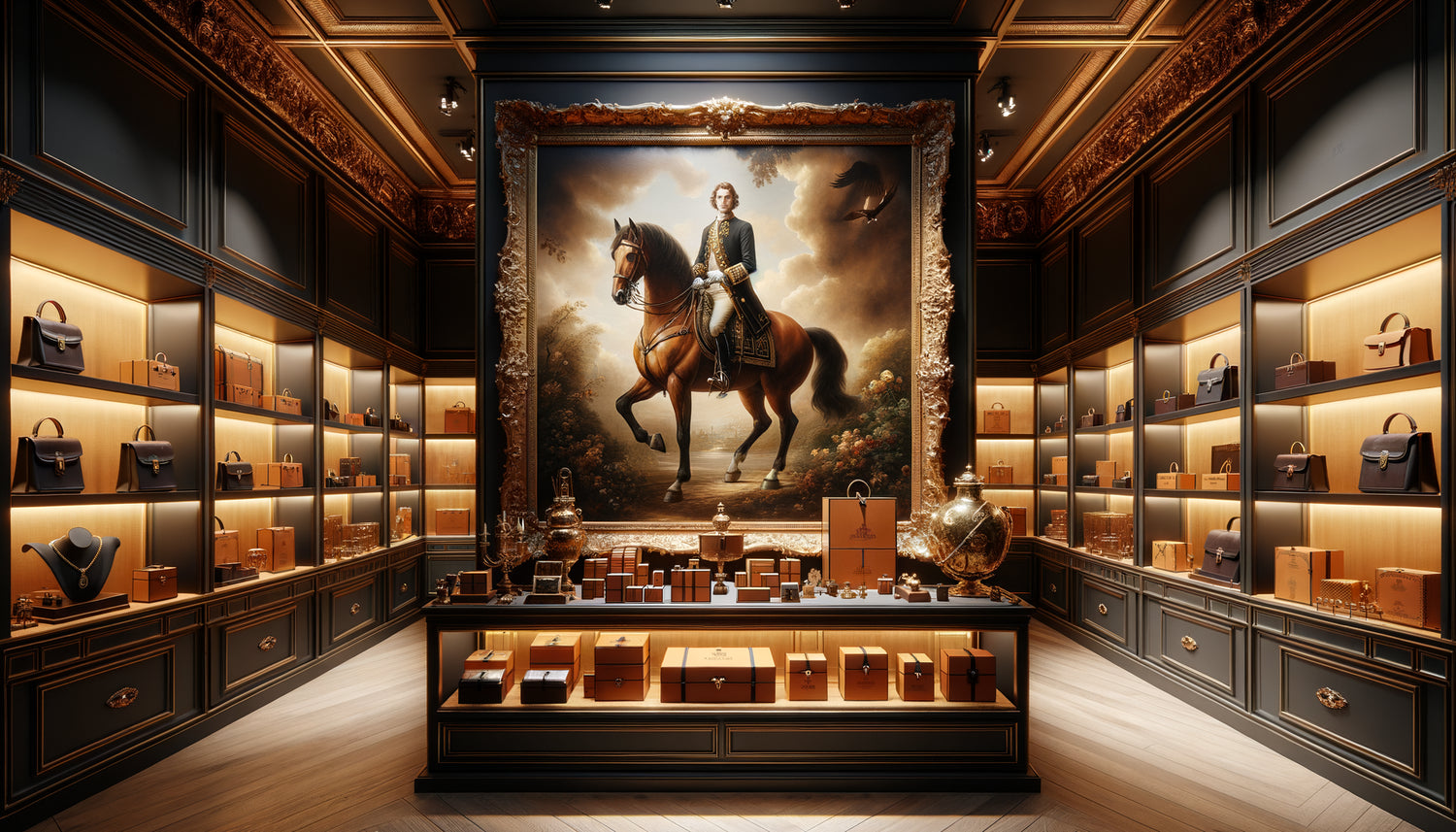 Tableau équestre aristocratique du XVIIIe siècle exposé dans boutique Hermès avec sacs en cuir iconiques