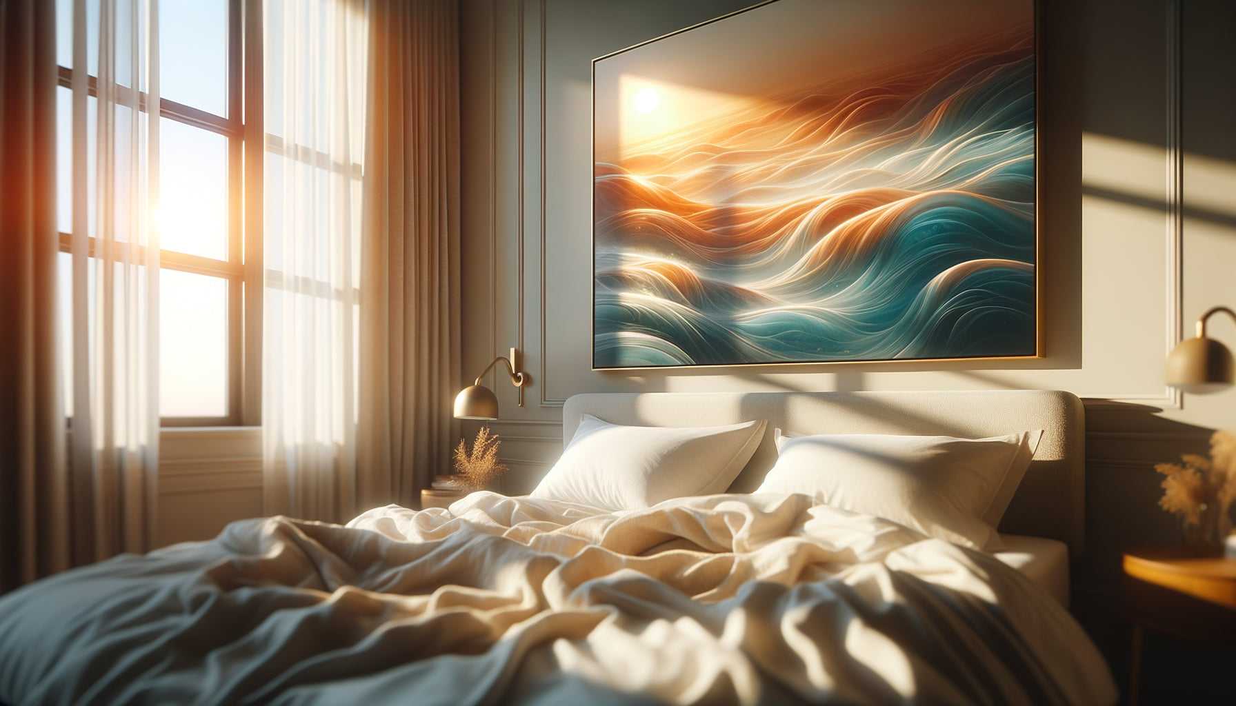 Tableau apaisant aux teintes océan et aurore accroché face au lit, éclairage matinal doux créant une atmosphère de réveil inspirant