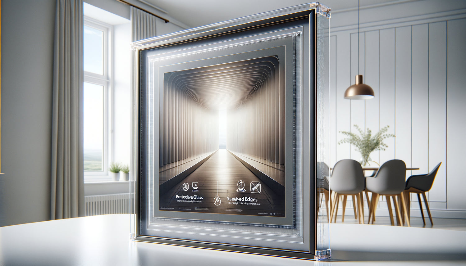 Gros plan d'un tableau moderne avec encadrement lisse et vitre protectrice, illustrant les critères d'entretien facile