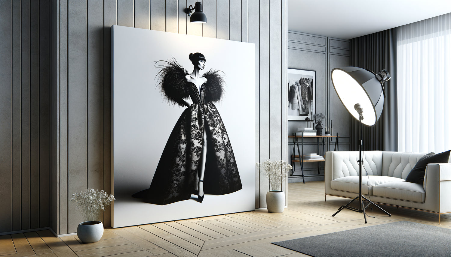 Tableau fashion haut de gamme monté sur panneau Forex blanc, surface parfaitement plane et finition professionnelle dans intérieur contemporain