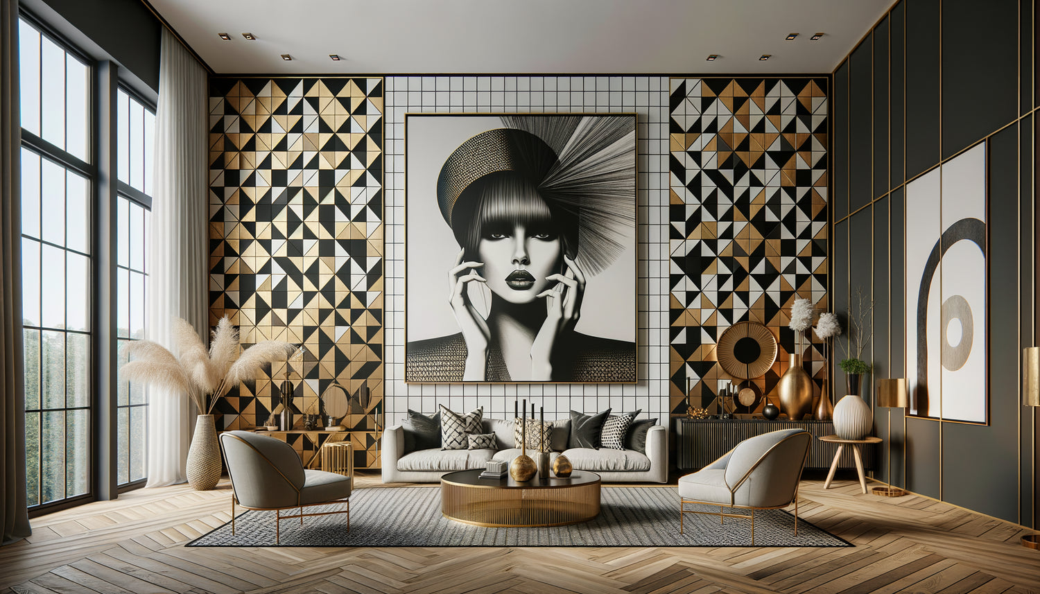 Intérieur contemporain avec tableau mural fashion harmonisé avec papier peint à motifs géométriques noir blanc et or