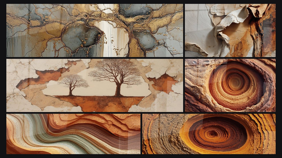 Mosaico de seis cuadros, entre ellos Abstracto Mármol Dorado y Gris y Cortezas de Árboles en Tonos Ocre y Beige