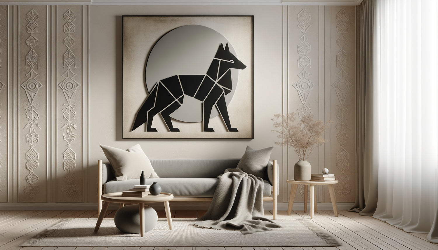 Tableau mural minimaliste représentant Fenrir en style scandinave moderne, lignes épurées noir et beige, intérieur nordique contemporain