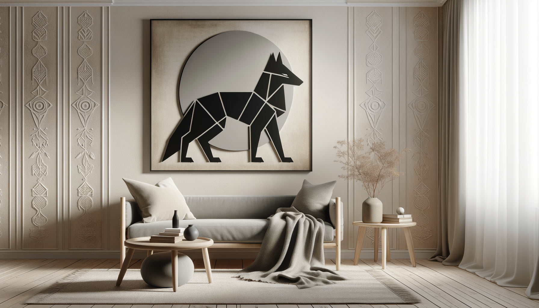 Tableau mural minimaliste représentant Fenrir en style scandinave moderne, lignes épurées noir et beige, intérieur nordique contemporain