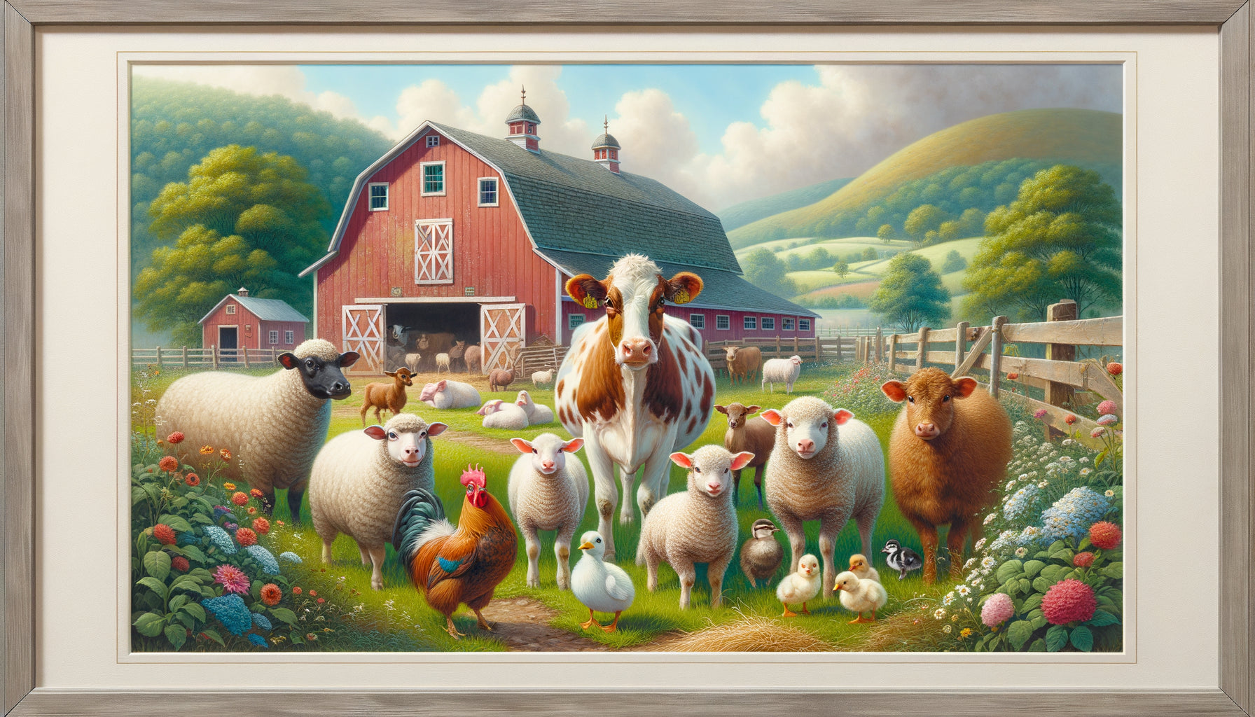 Tableau contemporain de scène de ferme avec animaux domestiques pour chambre d'enfant, style doux et éducatif