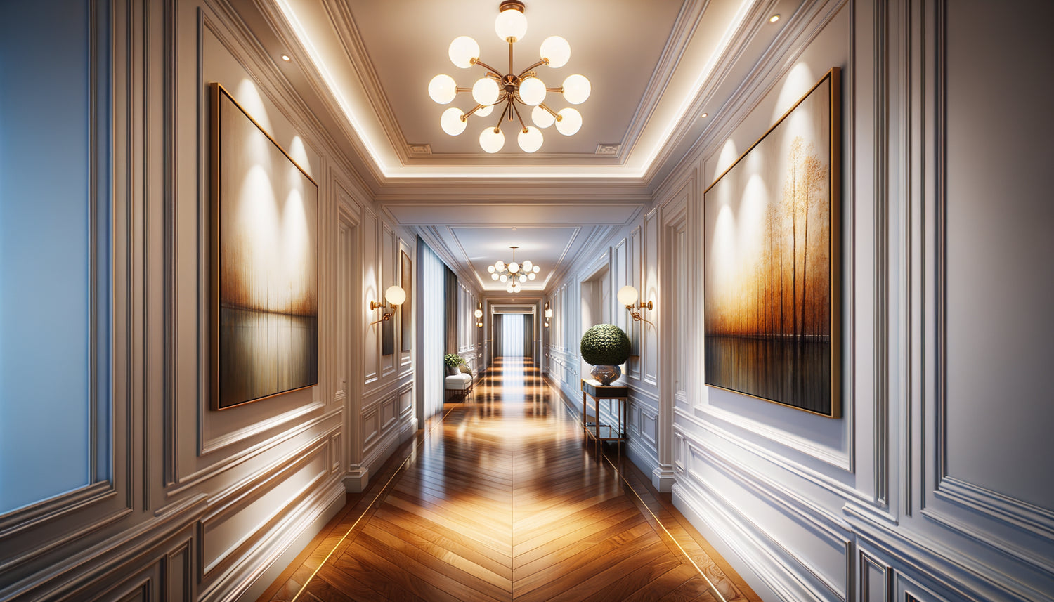 Grand tableau contemporain positionné comme point focal au bout d'un couloir résidentiel élégant avec éclairage professionnel