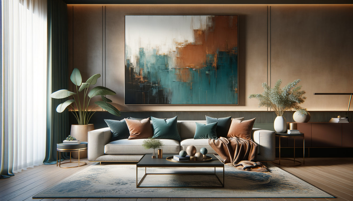 Salon contemporain avec tableau focal abstrait structurant la palette chromatique et l'aménagement de l'espace