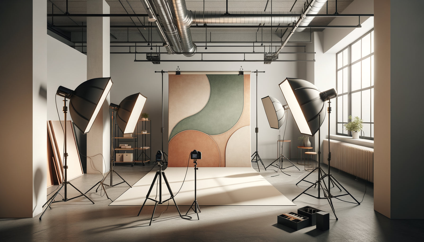 Studio photo moderne avec toile de fond artistique minimaliste pour shootings Instagram professionnels