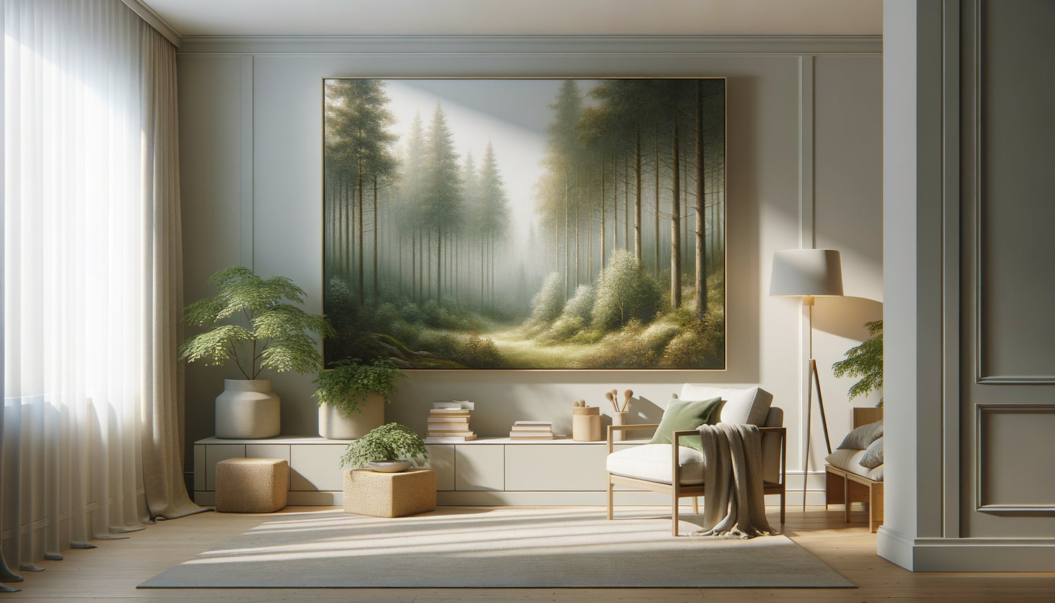 Tableau forestier apaisant accroché dans un salon contemporain minimaliste avec fauteuil de lecture, ambiance biophilie