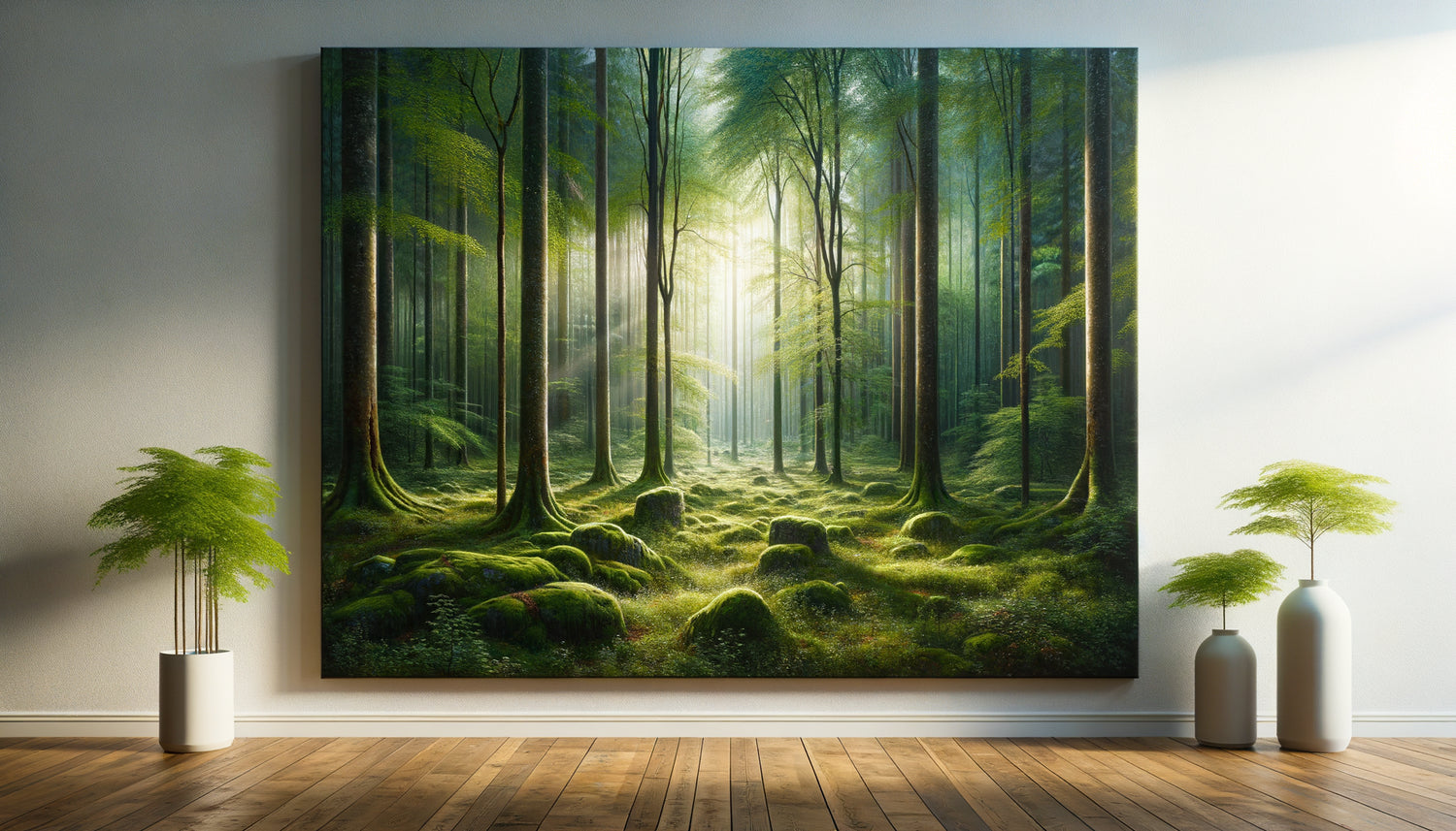 Peinture réaliste de forêt luxuriante sur toile, lumière douce filtrant entre les arbres, effet fenêtre psychologique vers la nature